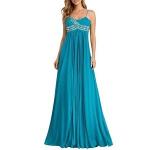 Aidan Mattox Maxi Dress Teal Blue Beaded Rhinestones Ball Gown Prom Wedding Sz 6